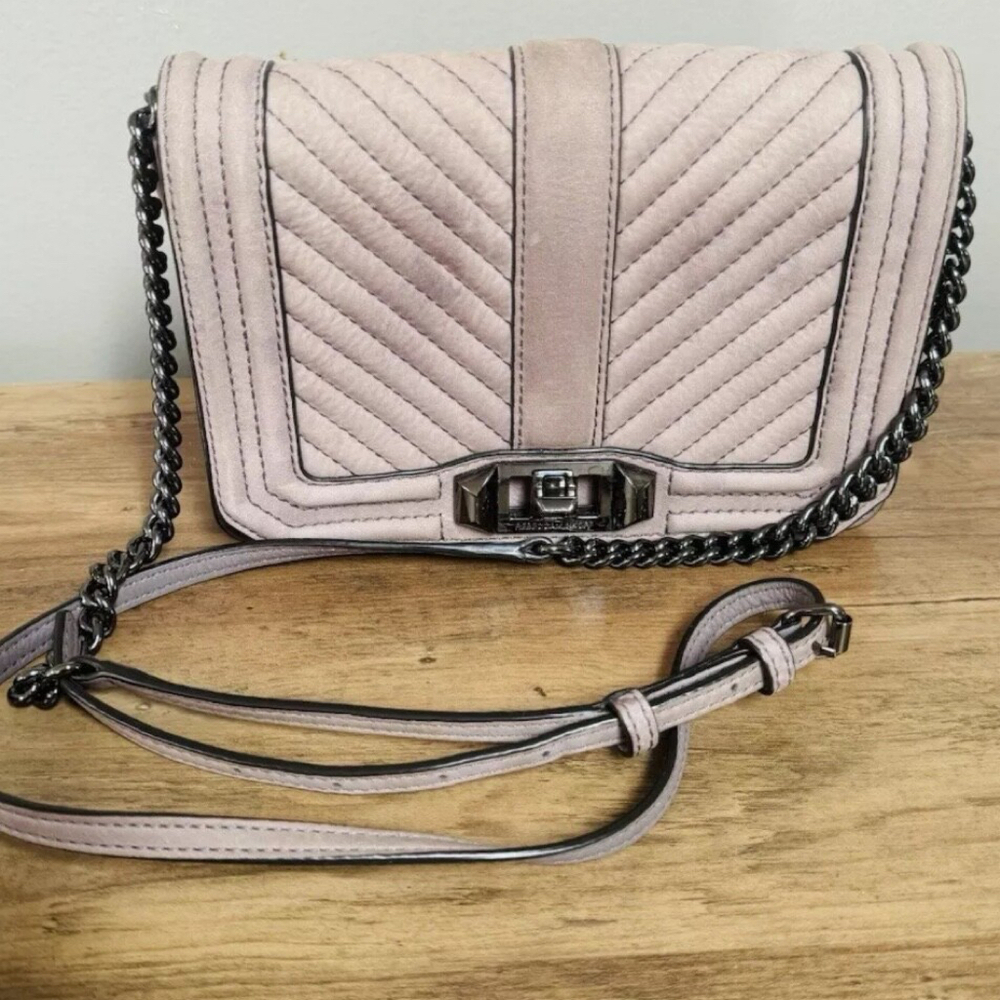 Rebecca Minkoff Womens Love Crossbody Bag Pink Chevron Square Turnlock Quilted